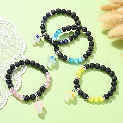天然溶岩石とキャットアイのラウンドビーズストレッチブレスレット、樹脂キノコチャーム付き  ミックスカラー  内径：2インチ（5.05cm）&nbsp;BJEW-JB09648