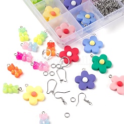 198個のDIYかわいいレジンイヤリングジュエリーキット  クマと花のペンダントを含む  ステンレス鋼のフレンチフックピアス＆フープピアス＆丸カン  ミックスカラー&nbsp;DIY-LS0001-07
