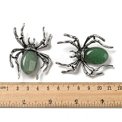 両用アイテム アロイ パヴェ ジェット ラインストーン スパイダー ブローチ  天然の緑のアベンチュリンと  アンティークシルバー  57.5x41.5x12mm  穴：4.5x4mm&nbsp;JEWB-C026-07B-AS