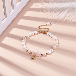 Natural Rose Quartz Chips & Pearl Beaded Bracelet&nbsp;BJEW-JB08236-01