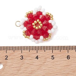 ガラスチャーム  花のチャーム  304ステンレススチールのオープン丸カンとシードビーズ付き  多面カット  レッド  25~25.5x25~25.5x8mm  穴：2.7mm&nbsp;PALLOY-MZ01300-04