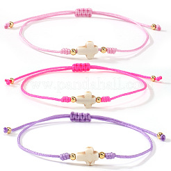 3Pcs Dyed Synthetic White Turquoise & Brass Beaded Braided Bead Bracelets&nbsp;QB7029-13
