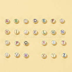 合金エナメルビーズ  カドミウムフリー＆鉛フリー  頭文字が付いたフラットラウンド  ライトゴールド  a～zの文字  8x4mm  穴：1.5mm  26文字  1pc /カラー  26pc&nbsp;ENAM-YW0001-27LG