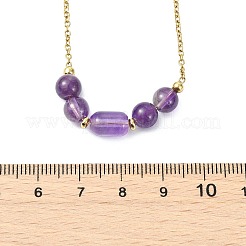 Natural Mixed Gemstone Column Round Beaded Pendant 304 Stainless Steel Cable Chains Necklaces for Women&nbsp;NJEW-JN06094
