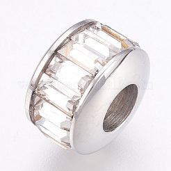 304ステンレススチールヨーロピアンビーズ  大穴ビーズ  ラインストーン付き  フラットラウンド  ステンレス鋼色  10.5x7mm  穴：4.5mm&nbsp;STAS-O097-122P