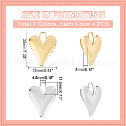8個2色304ステンレスペンダント  ハートチャーム  ミックスカラー  33x25x3mm  穴：11.5x4.5mm  4個/カラー&nbsp;STAS-UN0051-44