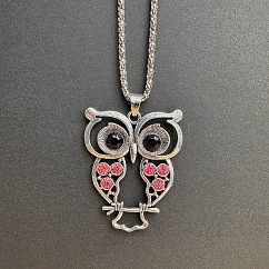 Vintage Alloy Rhinestone Hollow Carved Owl Pendant Necklaces for Women, Antique Silver, Rose, 19.69 inch(50cm)
