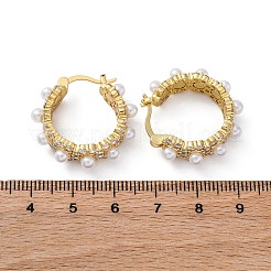 花の真鍮ABS模造真珠フープピアス  鉛フリー＆カドミウムフリー  長持ちメッキ  ラックめっき  18KGP本金メッキ  25x7mm&nbsp;EJEW-R016-22G