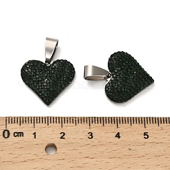 201 ステンレススチール粘土ペンダント  ラインストーン付き  ハート  ステンレス鋼色  エメラルド  18.5x20x3mm  穴：8.5x4mm&nbsp;STAS-R166-02E-P
