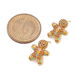 クリスマスラックメッキ真鍮キュービックジルコニアスタッドピアス  エナメル  18KGP本金メッキ  長持ちメッキ  鉛フリー＆カドミウムフリー  ジンジャーブレッドマン  18.5x15mm&nbsp;EJEW-K245-54B-G