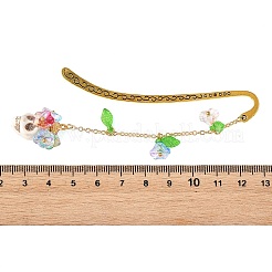合成ターコイズのスカルとアクリル＆ガラスの花のチャームが付いたしおり  合金フックブックマーク  ミックスカラー  84x14x1.5mm&nbsp;AJEW-JK00412