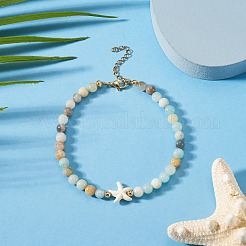 Ocean Dyed Synthetic Turquoise Starfish and Natural Flower Amazonite Round Beaded Anklets for Women&nbsp;AJEW-TA00061