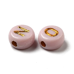 メッキアクリルビーズ  ゴールドライン入り  水平穴  アルファベット付きフラットラウンド  桃パフ  6.5~7x3.5~4mm  穴：1.6mm  3600G /約500g&nbsp;OACR-P017-A03