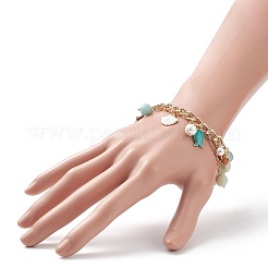 天然花アマゾナイト＆貝パールビーズストレッチブレスレット  合金エナメル ヒトデ & シェル & フィッシュ チャーム ブレスレット、女性用カーブチェーン付き  内径：2-1/4インチ（5.6cm）&nbsp;BJEW-TA00196
