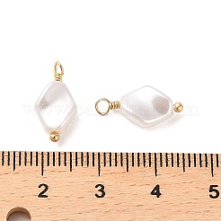ABSプラスチックパール調ペンダント  本物の18K金メッキのラックメッキ真鍮パーツ付き  ひし形チャーム  ホワイト  15.5x7.5x4mm  穴：1.8mm&nbsp;KK-M266-32G