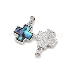ラックメッキ真鍮天然パウア貝ペンダント  クロス  プラチナ  15.5x12.5x3mm  穴：5mm&nbsp;X-KK-U025-03P-02-1