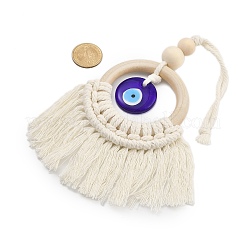 Handmade Macrame Cotton Threads & Wood Ring Hanging Ornaments&nbsp;HJEW-TA00306