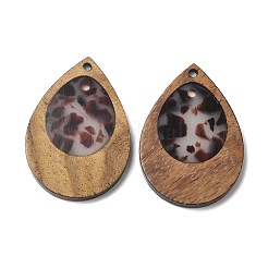 ウッド&レジンペンダント  ティアドロップチャーム  濃いグレー  38x25.5x3mm  穴：2mm&nbsp;WOOD-H104-23-08
