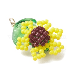シードガラスビーズペンダント  花  透明なガラスの葉付き  きいろ  29.5x19.5x9.5mm  穴：2.5mm&nbsp;PALLOY-MZ00876-01