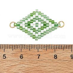 ガラスシードビーズコネクタチャーム  菱形リンク  金色の304ステンレススチールループ付き  薄緑  27.5x18.5x2mm  穴：2.5mm&nbsp;PALLOY-MZ01416-03