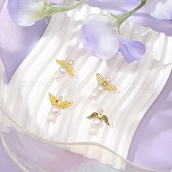 シェルパールのペンダント  金色の合金の羽を持つ天使のチャーム  フローラルホワイト  23~24x20~22x8mm  穴：3mm&nbsp;PALLOY-JF02942