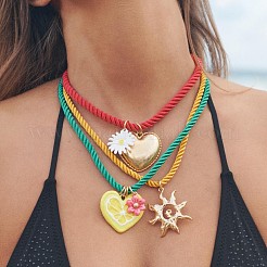 合金エナメルハートサンフラワーペンダント、ツイストラウンドコットンコード、3層ネックレス（女性用）  ゴールドカラー  カラフル  14.57~19.29インチ（37~49cm）  3個/セット&nbsp;WG294C6-01