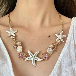 Bohemian Summer Alloy Enamel Rhinestone & Plastic Pearl Shell Shape Starfish Link Chain Necklaces for Women&nbsp;FS-WGAD57C-01