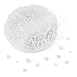410個 6種類のガラスパールビーズ  ラウンド＆ライス  ホワイト  3~8x3~8mm  穴：0.9~1mm&nbsp;HY-TA0003-04A