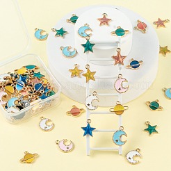 72本合金エナメルペンダント  惑星＆星＆月＆星  ライトゴールド  ミックスカラー  12~16x13~16.5x2~3mm  穴：1.6~1.8mm  4色  6個/カラー&nbsp;ENAM-LS0001-51