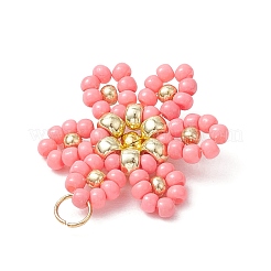 ガラスシードビーズの花のペンダント  304ステンレススチール製丸カン付き  ピンク  22.5x17.5x4mm  穴：2.5mm&nbsp;PALLOY-MZ00712-01