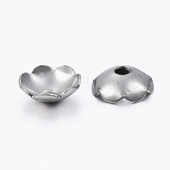 変色しにくい304ステンレススチールビーズキャップ  花  マルチ花弁  ステンレス鋼色  8x2.8mm  穴：2mm&nbsp;STAS-H396-16P