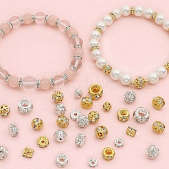 100個 4スタイル合金、ラインストーンビーズ付き  ラウンド  ゴールデン＆シルバー  8~10x7.5~9mm  穴：1~1.2mm  25個/スタイル&nbsp;RB-AR0003-15