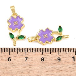 エナメルペンダント付き真鍮  花と葉のチャーム  18KGP本金メッキ  パープル  21x10x2mm  穴：5x3mm&nbsp;KK-CBA9AB3-18G-01
