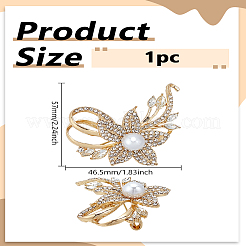1個の花合金ラインストーンブローチ  プラスチックパールビーズ付き  ゴールドカラー  57x46.5mm&nbsp;JEWB-LP0004-85