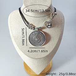 ボヘミアスタイルのフラットラウンド合金とワックス模造革のコードペンダントネックレス  アンティークシルバー  13.58インチ（34.5cm）&nbsp;FS-WG38B23-01