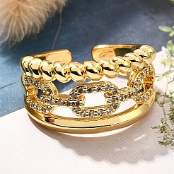 Rack Plating Brass Micro Pave Clear Cubic Zirconia Cuff Finger Rings for Women&nbsp;RJEW-M028-30G-01
