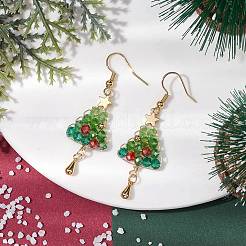 真鍮のダングルのピアス  ガラスビーズと真鍮のピアスフック  クリスマスツリー  ゴールドカラー  薄緑  56x17.5mm&nbsp;EJEW-TA00531
