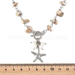 Ocean 304 Stainless Steel Starfish Pendant Natural Freshwater Shell Beaded Chain Necklaces with OT Clasps for Women&nbsp;NJEW-JN06567-02