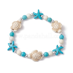 Turtle & Starfish Synthetic Turquoise Beaded Stretch Bracelet&nbsp;BJEW-JB09968-01