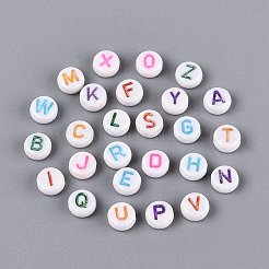 不透明なアクリルエナメルビーズ  アルファベット付きフラットラウンド  ABカラーメッキ  ミックスカラー  6.5~7x3.5~4mm  穴：1.5~1.6mm  約3846個/500g&nbsp;SACR-Q001-07