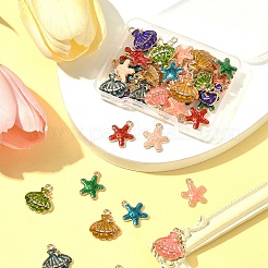 40個10スタイルアロイエナメルペンダント  ライトゴールド  ヒトデ＆シェル  ミックスカラー  16~17.5x14~16x3mm  穴：1.5~1.6mm  4個/スタイル&nbsp;ENAM-FS0002-66