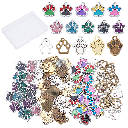 CREATCABIN 1 Box 90Pcs 15 Styles Dog Paw Charms Bulk Cat Animal Paw Prints Pendants Alloy Enamel Chunk Glitter Hollow Beads for Jewelry Making Charms