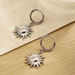 Non-Tarnish 304 Stainless Steel Sun Dangle Earrings for Women, Stainless Steel Color, 23x18mm