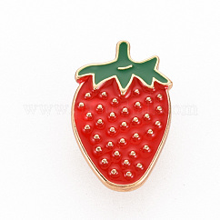 Rack Plating Alloy Enamel Brooches, Enamel Pins, with Butterfly Clutches, Strawberry, Cadmium Free & Nickel Free & Lead Free, Light Gold, Red, 24x15mm, Pin: 1mm