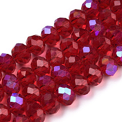 Electroplate Glass Beads Strands, Half Rainbow Plated, Faceted, Rondelle, FireBrick, 6x5mm, Hole: 1mm, about 80~85pcs/strand, 38~40cm
