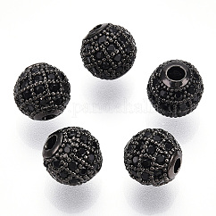 Rack Plating Brass Cubic Zirconia Beads, Long-Lasting Plated, Cadmium Free & Lead Free, Round, Gunmetal, 8x7mm, Hole: 2mm