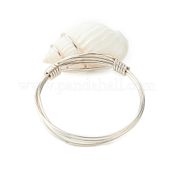 天然のスパイラルシェルの指輪  女性のための銅線ラップジュエリー  銀  ホワイト  1.5mm  内径：18mm  シェル：7.5~9x16~20.5mm&nbsp;RJEW-TA00172-01