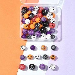 プリントウッドヨーロピアンビーズ  ハロウィンテーマビーズ  ラウンド  ミックスカラー  15.5~20mm  穴：4~4.5mm  5個/スタイル&nbsp;WOOD-FS0001-30