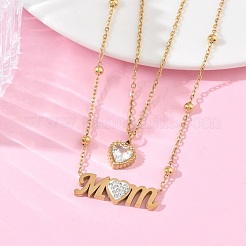 Mother's Day Double Layer 304 Stainless Steel Pave Clear Cubic Zirconia Word Mom Heart Pendant Necklaces for Women&nbsp;NJEW-L015-02G
