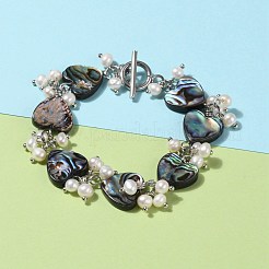 ハートナチュラルアワビシェル/パウアシェルビーズブレスレット  天然パールビーズと304ステンレススチールのトグル留め具付き  カラフル  7-1/2インチ（19cm）&nbsp;BJEW-JB05776-01